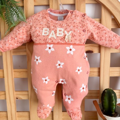 Macacão Malha Trape Zape - Baby Flores Brancas - Salmão